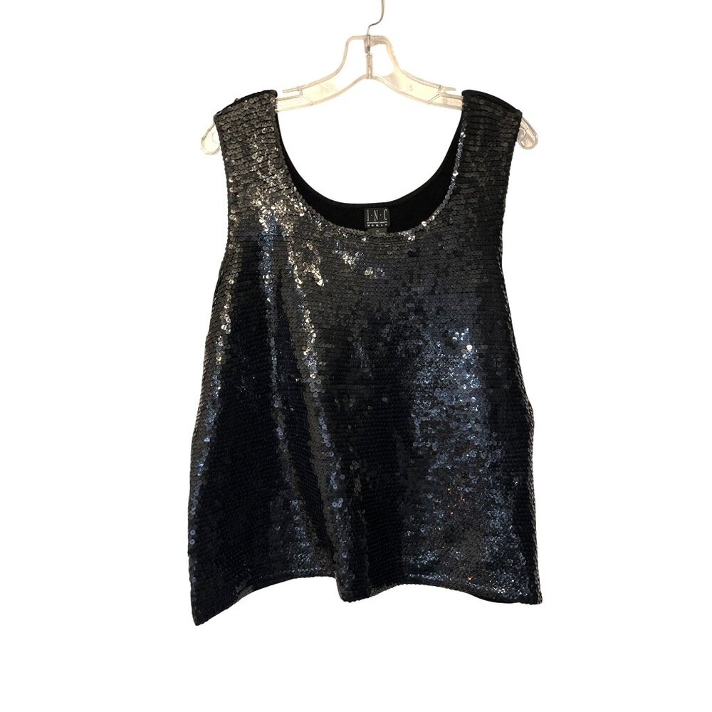 INC Black Sequin Tank Top 1X Womans Sleeveless Party Wear Rayon/Nylon/Spandex